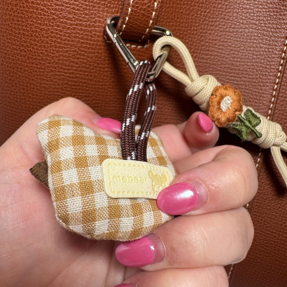 Plaid Bear & Flower Rope Bag Charm | Cottagecore Beige Gingham Keychain - Picture 5 of 5